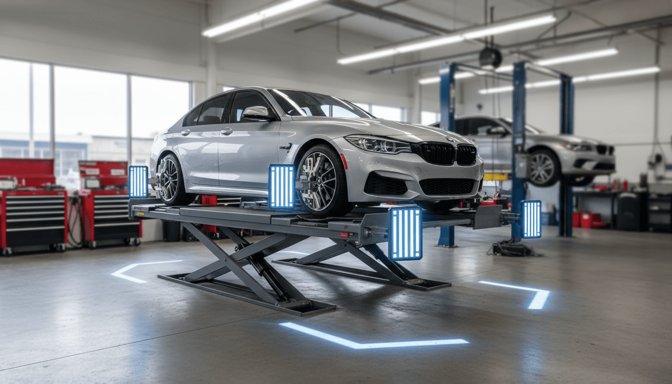 Vehicle on an alignment rack with sensor heads attached