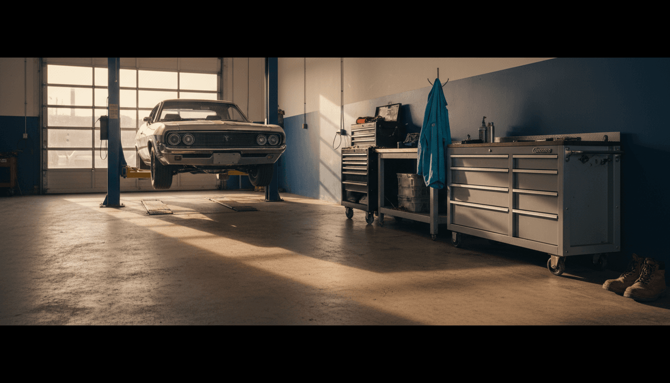 Mechanic in a clean, well-lit auto repair shop inspecting a car engine with diagnostic equipment